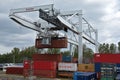 Ceska Trebova, Czech Republic - 20.4.2019: Container train terminal company METRANS. Cranes for loading containers. Railway