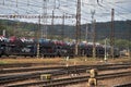 Ceska Trebova, Czech Republic - 20.4.2019: Train wagons for transporting cars. Railway junction and railway station Ceska Trebova