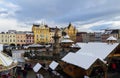 CESKE BUDEJOVICE, CZECH REPUBLIC - November 20, 2022: Aerial view to Christmas market on Premysl Otakar square with Samson statue Royalty Free Stock Photo