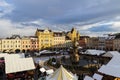 CESKE BUDEJOVICE, CZECH REPUBLIC - November 20, 2022: Aerial view to Christmas market on Premysl Otakar square with Samson statue