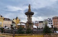 CESKE BUDEJOVICE, CZECH REPUBLIC - November 20, 2022: Christmas market on Premysl Otakar square with Samson statue under blue sky