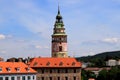 Cesky Krumlov. A beautiful and colorful amazing historical Czech town, castle tower. The city UNESCO World Heritage Site on Vltava
