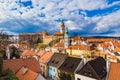 Cesky Krumlov castle with dramatic stormy sky, Czech Republic