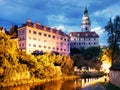 Cesky Krumlov with castle, old town and church at dramatic mist, Czech Republic