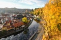 Sunrise view of Cesky Krumlov Town in autumn from the castal, Czech Republic