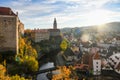 Sunrise view of Cesky Krumlov Town in autumn from the castal, Czech Republic