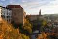 Sunrise view of Cesky Krumlov Town in autumn from the castal, Czech Republic