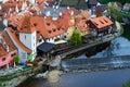 Cesky Krumlov, Czech Republic; 5/18/2019: Aerial view of the traditional colorful houses of Cesky Krumlov and a small waterfall of