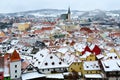 Beautiful top view of historic center of Cesky Krumlov, winter landscape, Czech Republic Royalty Free Stock Photo