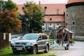 Toyota Land Cruiser Prado Serie 120 Car Of Grey Metallic With Trailer Parked In Street. Royalty Free Stock Photo