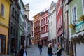 Cesky Krumlov, Czech Republic; 5/18/2019: Street in the old town of Cesky Krumlov with restaurants and typical colorful czech Royalty Free Stock Photo