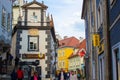 Cesky Krumlov, Czech Republic; 5/18/2019: Street in the old town of Cesky Krumlov with restaurants and typical colorful czech Royalty Free Stock Photo