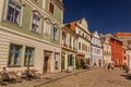 CESKY KRUMLOV, CZECHIA - AUGUST 6, 2020: Cobbled street in Cesky Krumlov, Czech Republ