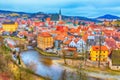 Cesky Krumlov historic center aerial view