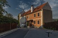 Cesky Krumlov old town with Vltava river and bridges in autumn color morning Royalty Free Stock Photo