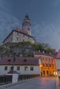 Cesky Krumlov old town with Vltava river and bridges in autumn color morning Royalty Free Stock Photo