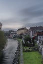 Cesky Krumlov old town with Vltava river and bridges in autumn color morning Royalty Free Stock Photo