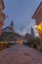 Cesky Krumlov old town with Vltava river and bridges in autumn color morning Royalty Free Stock Photo