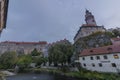 Cesky Krumlov old town with Vltava river and bridges in autumn color morning Royalty Free Stock Photo