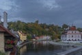 Cesky Krumlov old town with Vltava river and bridges in autumn color morning Royalty Free Stock Photo