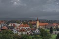 Cesky Krumlov old town with Vltava river and bridges in autumn color morning Royalty Free Stock Photo