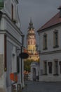 Cesky Krumlov old town with Vltava river and bridges in autumn color morning Royalty Free Stock Photo