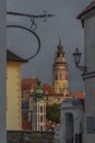 Cesky Krumlov old town with Vltava river and bridges in autumn color morning Royalty Free Stock Photo