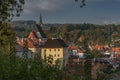 Cesky Krumlov old town with Vltava river and bridges in autumn color morning Royalty Free Stock Photo