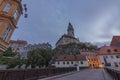 Cesky Krumlov old town with Vltava river and bridges in autumn color morning Royalty Free Stock Photo