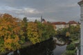 Cesky Krumlov old town with Vltava river and bridges in autumn color morning Royalty Free Stock Photo