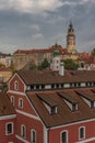 Cesky Krumlov old town with Vltava river and bridges in autumn color morning Royalty Free Stock Photo