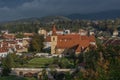 Cesky Krumlov old town with Vltava river and bridges in autumn color morning Royalty Free Stock Photo