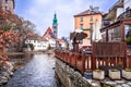 Cesky Krumlov scenic architecture and Vltava river dawn view Royalty Free Stock Photo