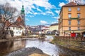 Cesky Krumlov scenic architecture and Vltava river dawn view Royalty Free Stock Photo