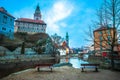 Cesky Krumlov scenic architecture and Vltava river dawn view Royalty Free Stock Photo