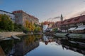 Cesky Krumlov skyline with Castle and Vltava River at sunset - Cesky Krumlov, Czech Republic Royalty Free Stock Photo