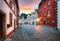 Cesky Krumlov - street in old city at dramatic sunrise, nobody - Czech Republic Royalty Free Stock Photo