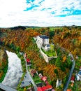 Cesky Sternberk castle in Czech Republic, Europe aerial fly photo HDR in autumn