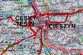 Cesky Tesin in Czechia and Cieszyn in Poland, on a road m Royalty Free Stock Photo