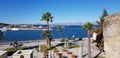 Cesme Castle in Izmir, the view from the castle walls, this is a paradise and a holiday place, palm trees, sea, fabric, history Royalty Free Stock Photo