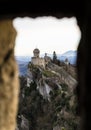 Cesta or De La Fratta tower view in San Marino from the arrowslit in First fortress Guaita