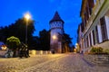 Cetatii street and Carpenters Tower Turnul Dulgherilor, Sibiu, at blue hour, before sunrise.