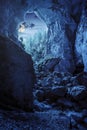 Cetatile cave sculpted by river in romanian mountains at night