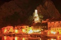 Cetina river and Fort Mirabela. Omis in Croatia at Night