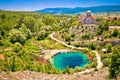 Cetina river source water hole and Orthodox church aerial view Royalty Free Stock Photo