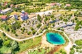 Cetina river source water hole and Orthodox church aerial view Royalty Free Stock Photo