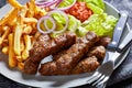 Cevapcici with potato fries, lettuce, onion, ajvar Royalty Free Stock Photo