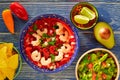 Ceviche Camaron shrimp nachos and guacamole Royalty Free Stock Photo