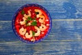 Ceviche de Camaron shrimp mexican plate on blue