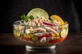 Ceviche, famous Peruvian dish made from fresh raw seafood. Dark background.